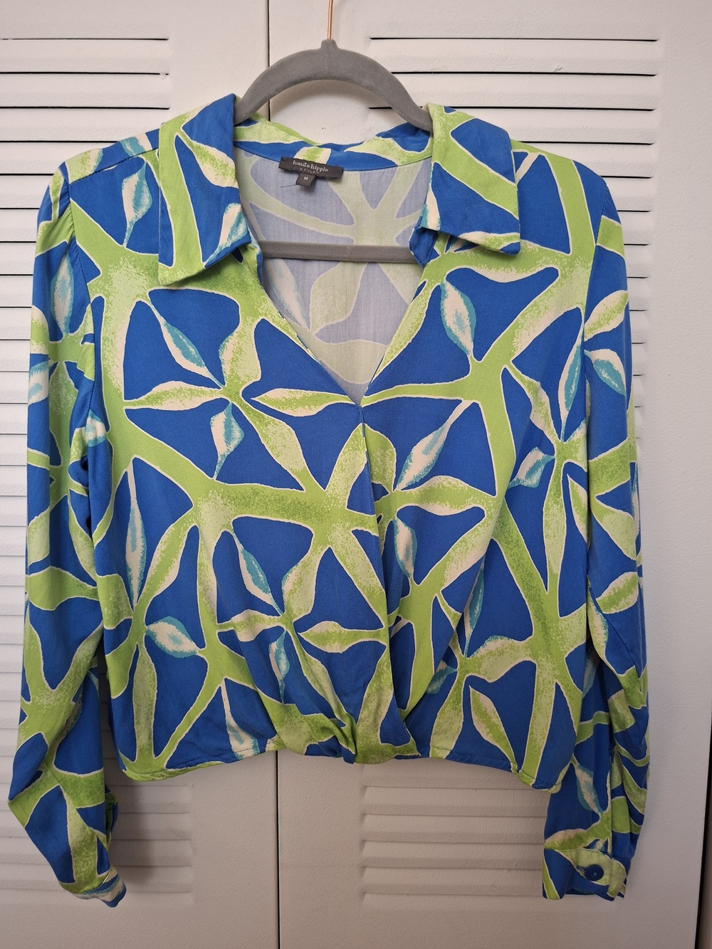Haute Hippie Blue & Lime Abstract Collared Top